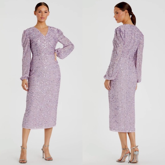 NEW NWT Mac Duggal Purple Sequin Illusion Puff Sleeve V Neck Midi Dress Lavender
